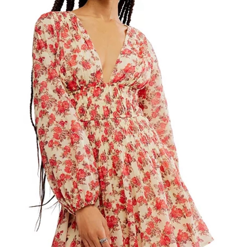 Free People Red and Cream Floral Long Sleeve Dress